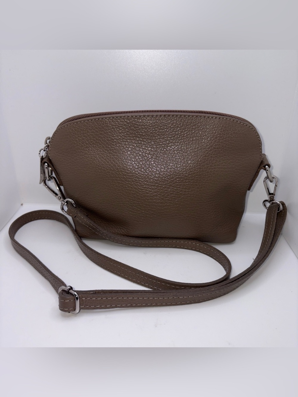 Italian Leather Crossbody Bag Taupe Small Shoulder Purse Made In Italy Pebbled